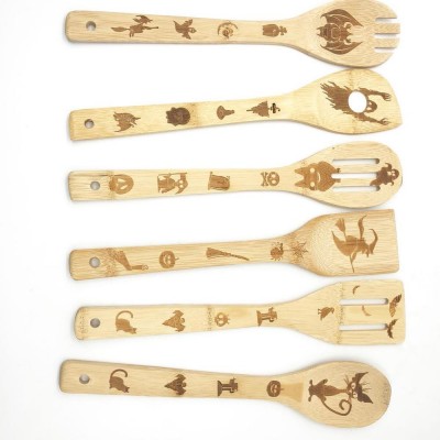 2020 Hot Sale 6 PCS Bamboo Spoons Cooking and Serving Utensils Set /Magic Pattern Burned Wooden Spoon Spatulas Kitchen Utensil