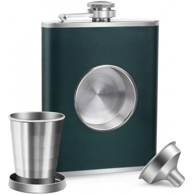 Stainless Steel Leather Hip Flask 8 oz with 2 oz Collapsible Shot Glass & Funnel, Ideal Whiskey Flask Thanksgiving Gift for Dad