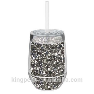 2019 Hot Sale Stemless 10oz Glitter Wine Glasses/Double Wall Tumblers with Straw/Insulated unique wine cups