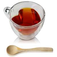 2019 Hot Sale Glass Heart Shaped Double Wall Insulated Clear Glass Tea and Coffee Cup/ 8.5 Ounces Tea cup with Bamboo Tea spoon