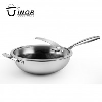 High quality 304 stainless steel non stick 3-ply coating wok with glass lid